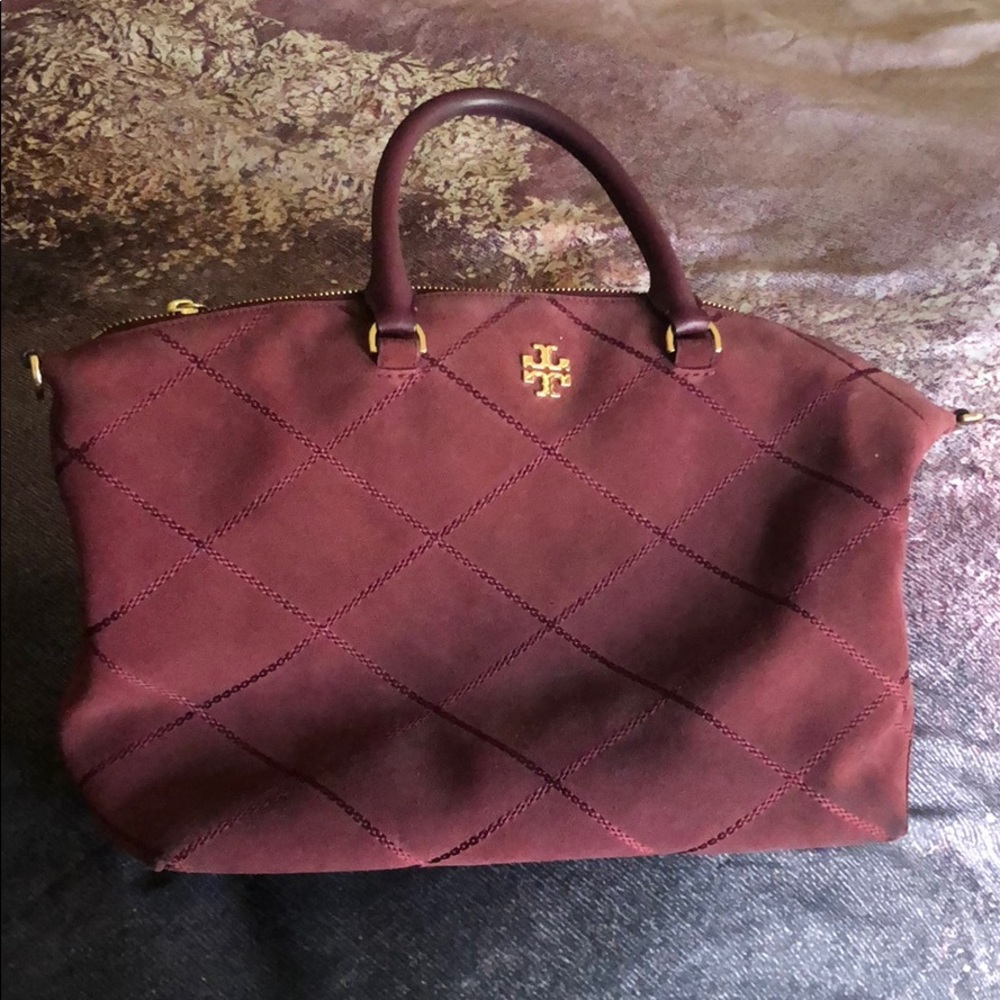 Tory Burch maroon Suede handbag.